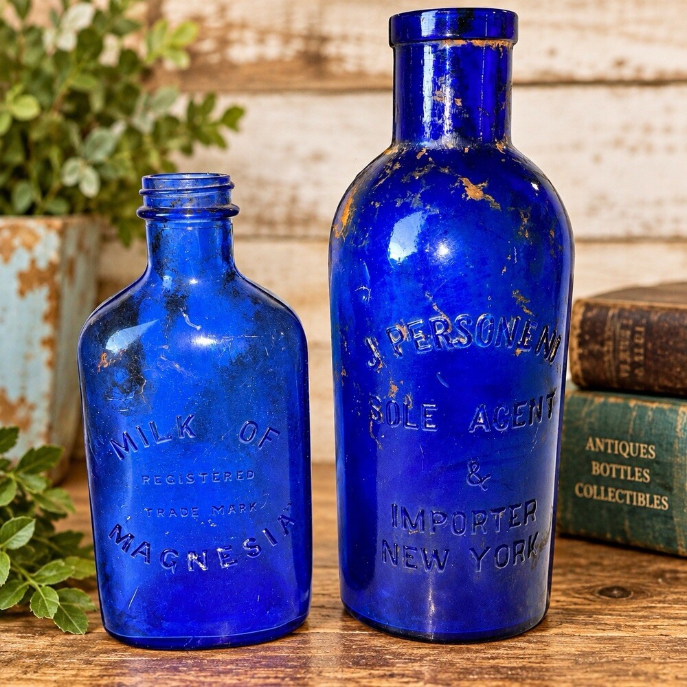 2 Vintage Cobalt Blue Glass Medicine Bottles Milk of Magnesia J Personen NY